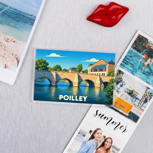 Magnet souvenir de la ville de Poilley avec une illustration stylisée de son pont.