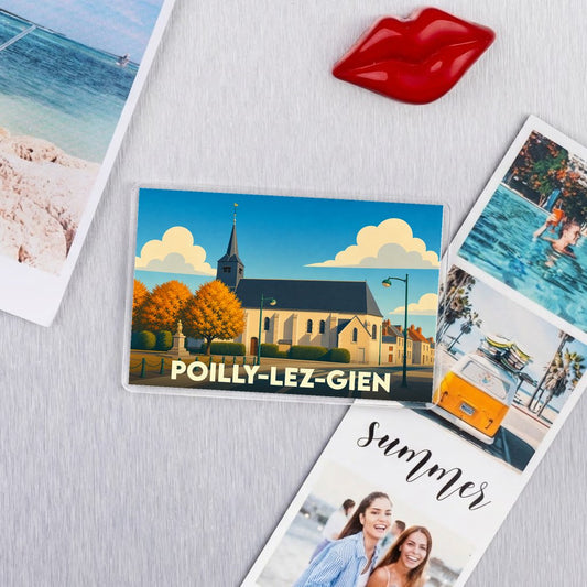 Magnet souvenir de la ville de Poilly-lez-Gien avec une illustration stylisée de son église.