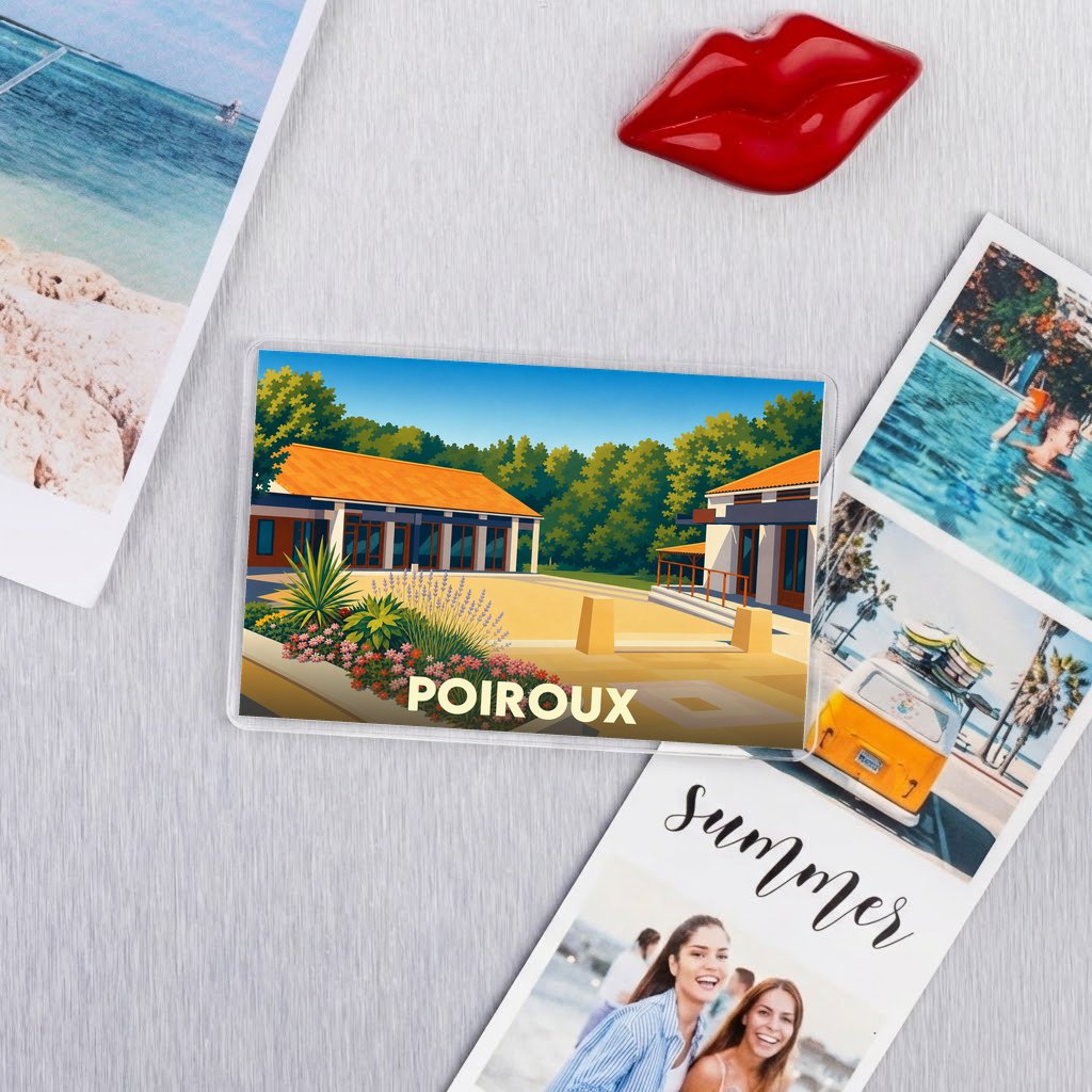 Magnet souvenir de la ville de Poiroux avec une illustration stylisée.