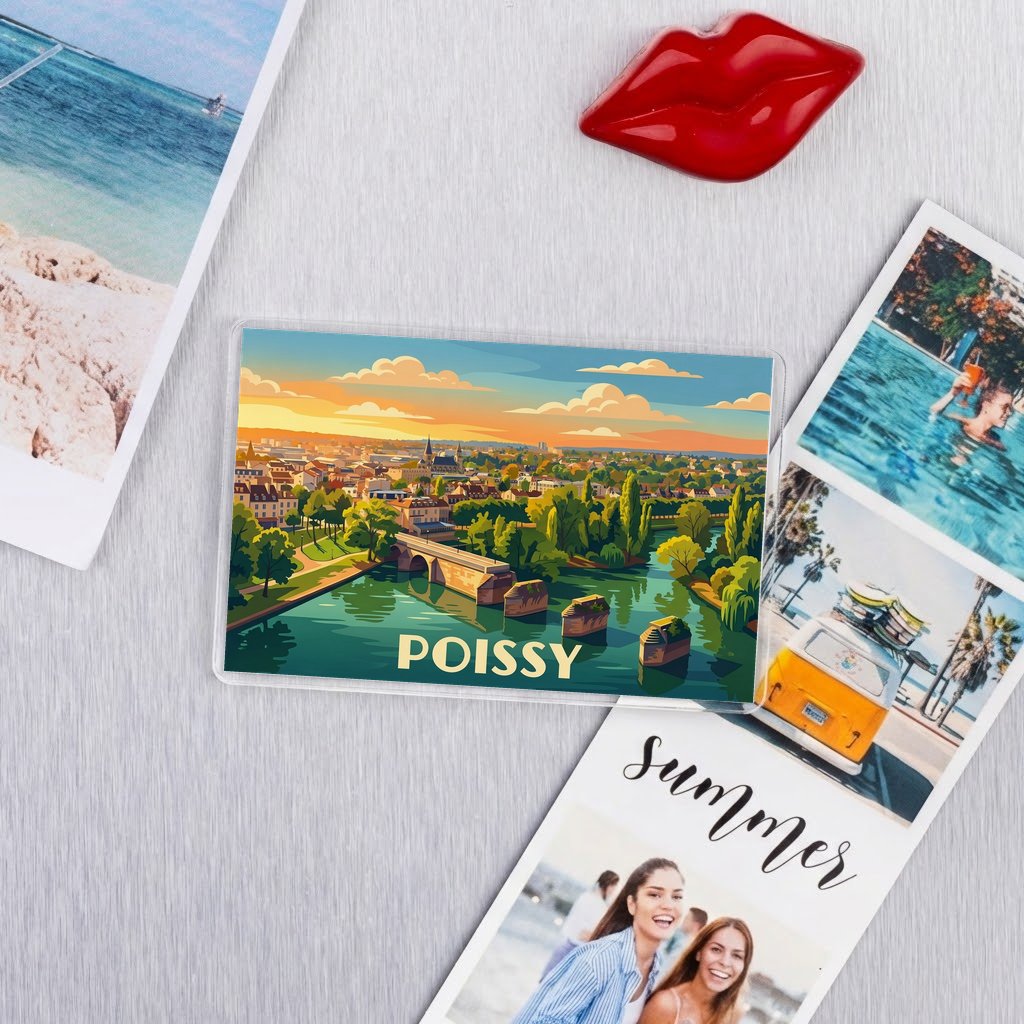 Magnet souvenir de la ville de Poissy avec une illustration stylisée du vieux pont sur la Seine.
