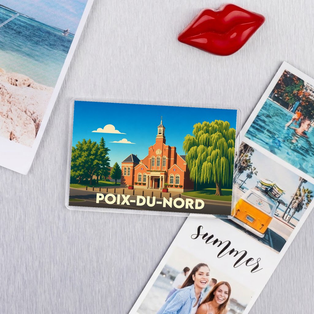 Magnet souvenir de la ville de Poix-du-Nord avec une illustration stylisée de son hôtel de ville.