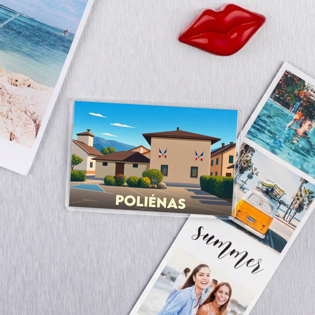 Magnet souvenir de la ville de Poliénas avec une illustration stylisée de sa mairie.