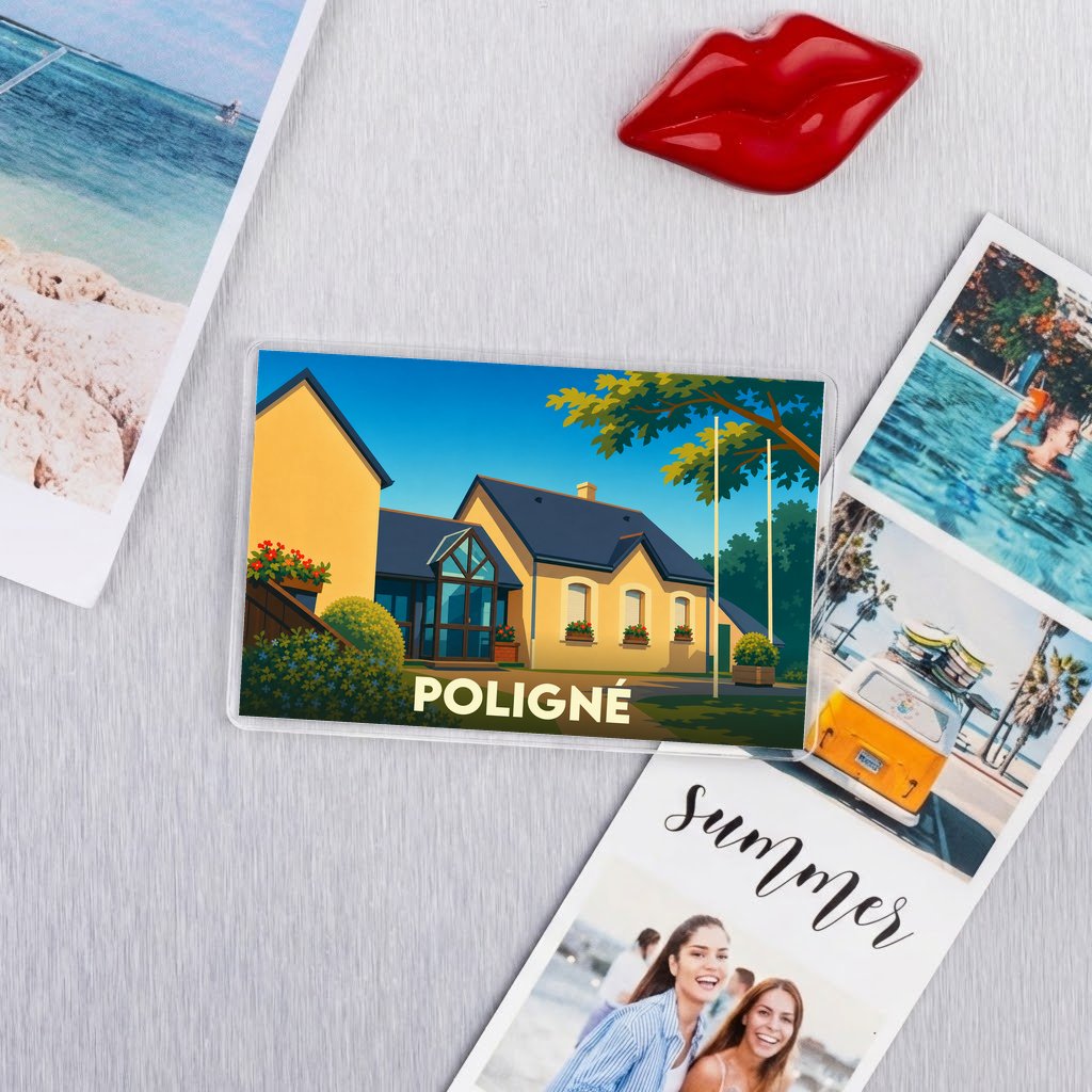 Magnet souvenir de la ville de Poligné avec une illustration stylisée.