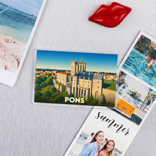 Magnet souvenir de la ville de Pons avec une illustration stylisée de son donjon médiéval.