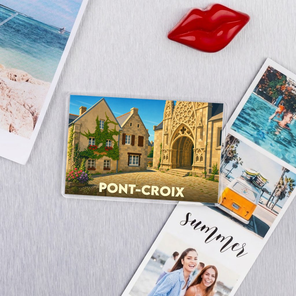 Magnet souvenir de la ville de Pont-Croix avec une illustration stylisée d'une place historique.