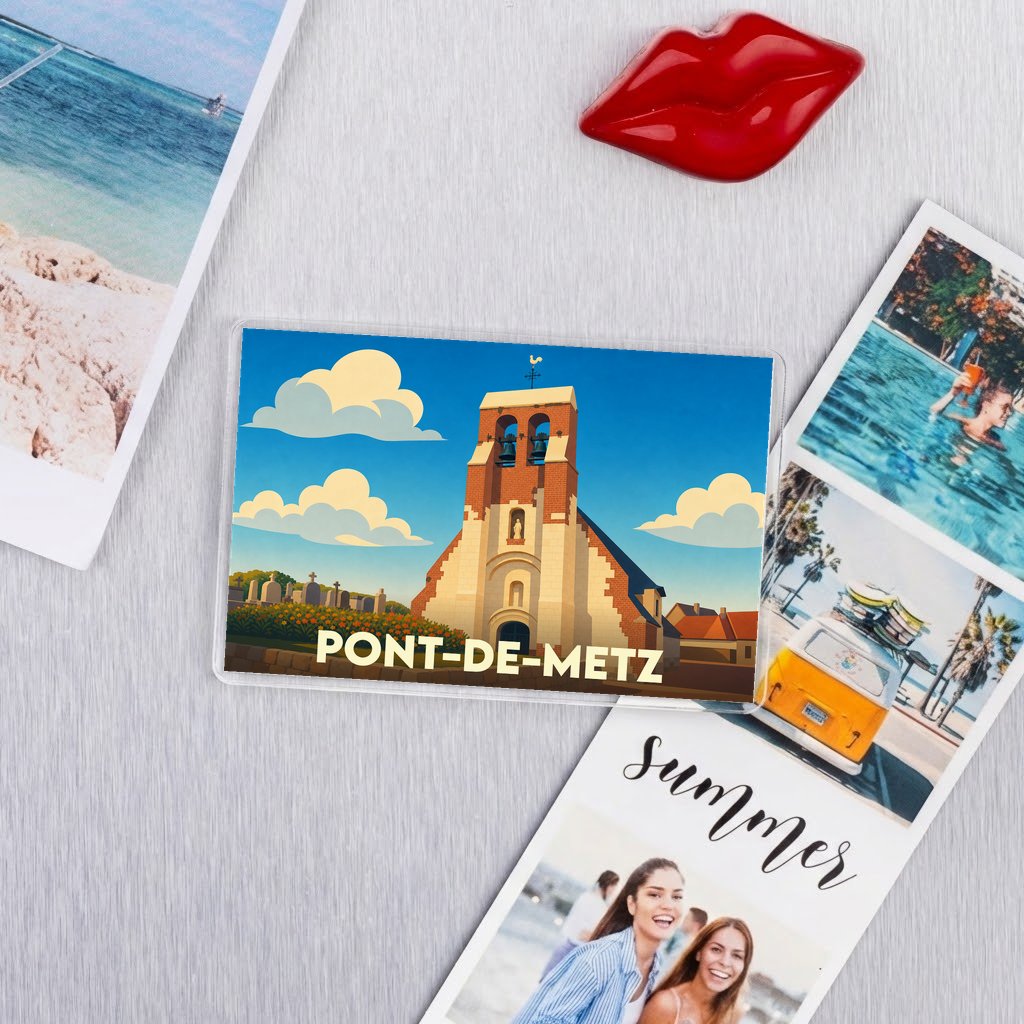 Magnet souvenir de la ville de Pont-de-Metz avec une illustration stylisée d'une église.
