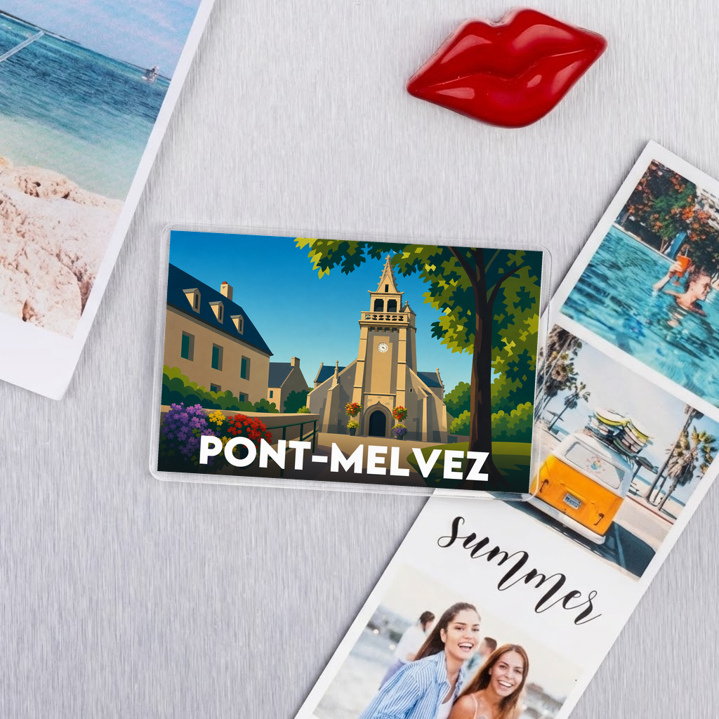 Magnet souvenir de la ville de Pont-Melvez avec une illustration stylisée.