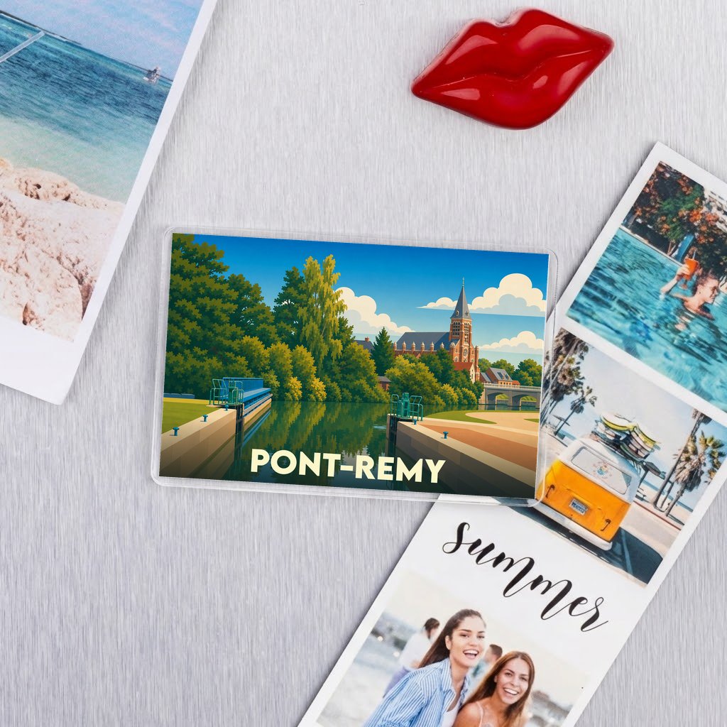 Magnet souvenir de la ville de Pont-Remy avec une illustration stylisée.