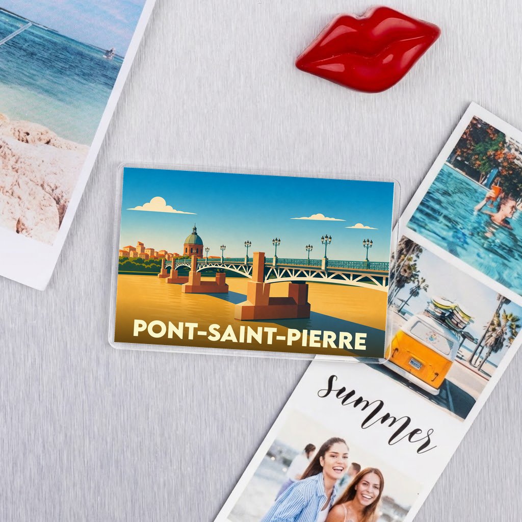 Magnet rectangulaire souvenir de la ville de Pont-Saint-Pierre avec une illustration stylisée de son pont emblématique.