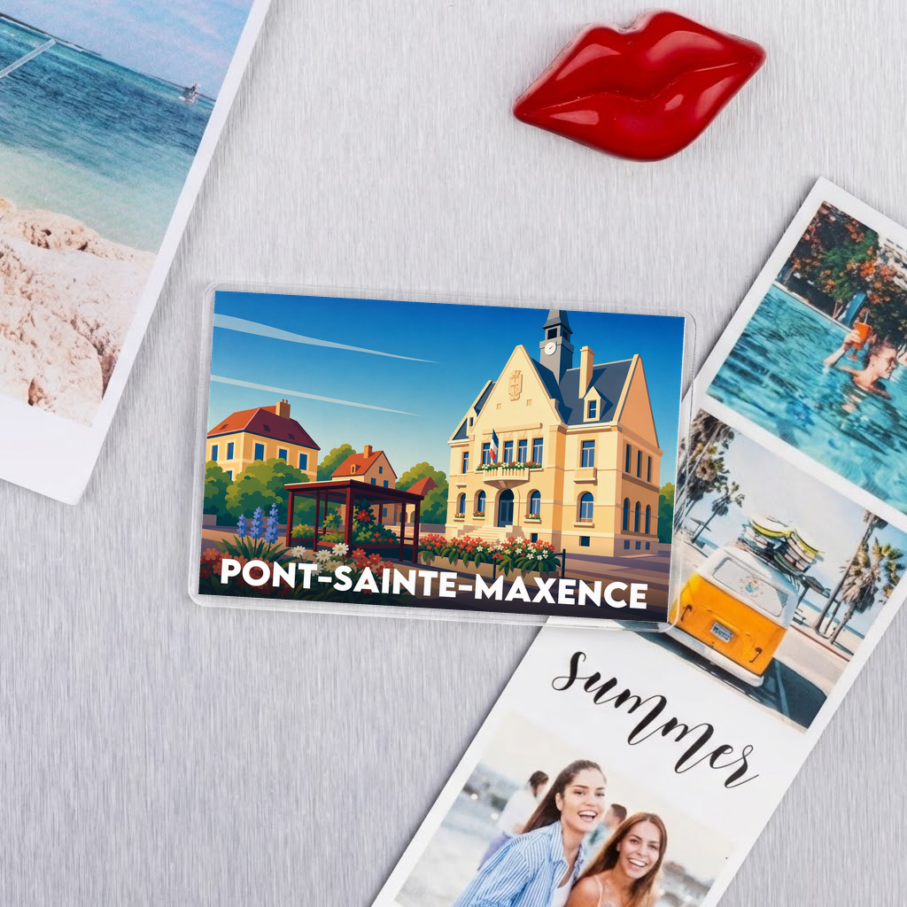 Magnet souvenir de la ville de Pont-Sainte-Maxence avec une illustration stylisée de son hôtel de ville.