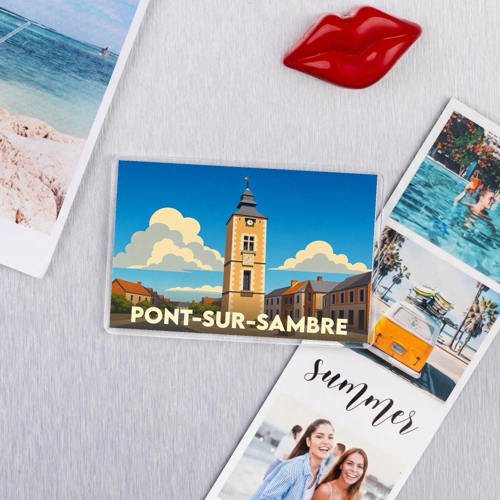 Magnat souvenir de la ville de Pont-sur-Sambre avec une illustration stylisée de son beffroi.