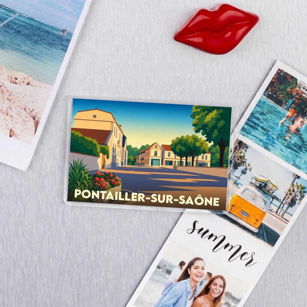 Magnet souvenir de la ville de Pontailler-sur-Saône avec une illustration stylisée.