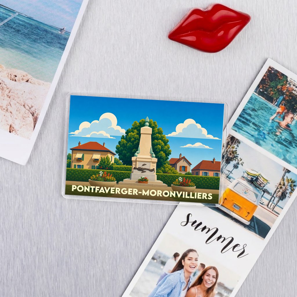 Magnet souvenir de la ville de Pontfaverger-Moronvilliers avec une illustration stylisée d'un monument local.