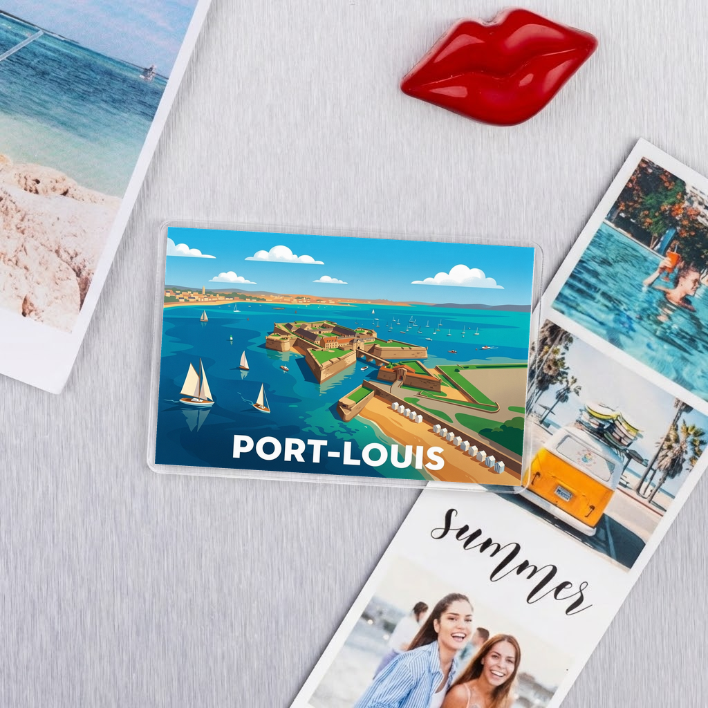 Magnet souvenir de la ville de Port-Louis avec une illustration stylisée.
