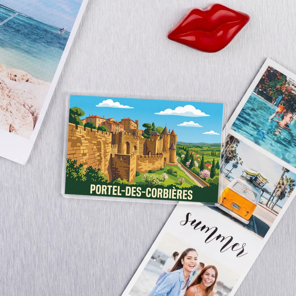 Magnet souvenir de la ville de Portel-des-Corbières avec une illustration stylisée.