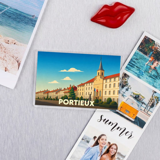 Magnat souvenir de la ville de Portieux avec une illustration stylisée de ses bâtiments emblématiques.
