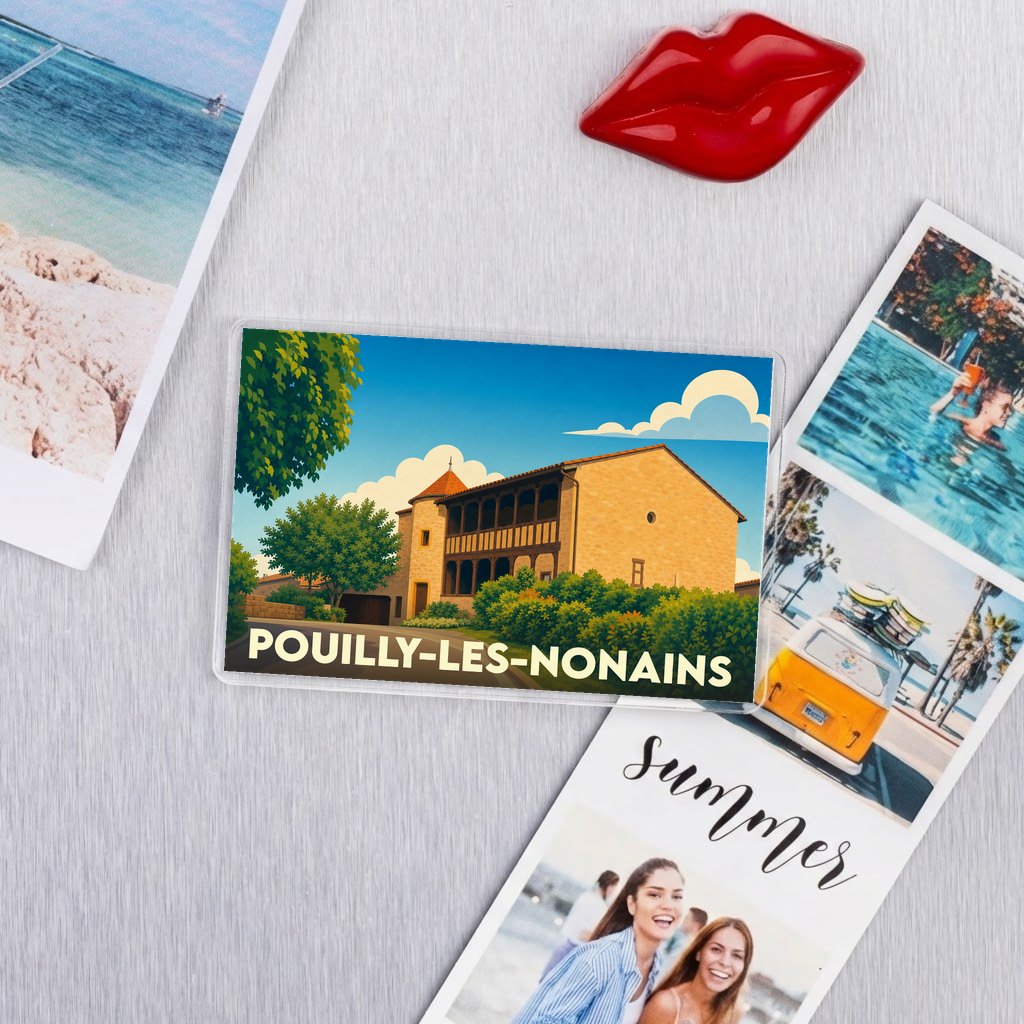 Magnet souvenir de la ville de Pouilly-les-Nonains avec une illustration stylisée.