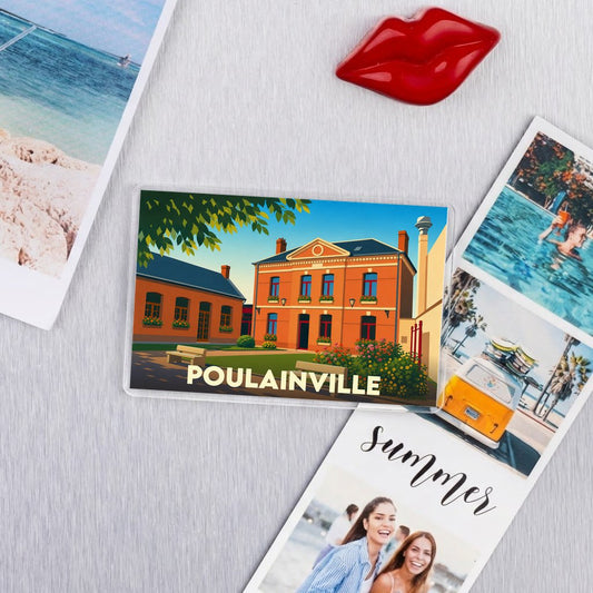 Magnet souvenir de la ville de Poulainville avec une illustration stylisée de sa mairie.