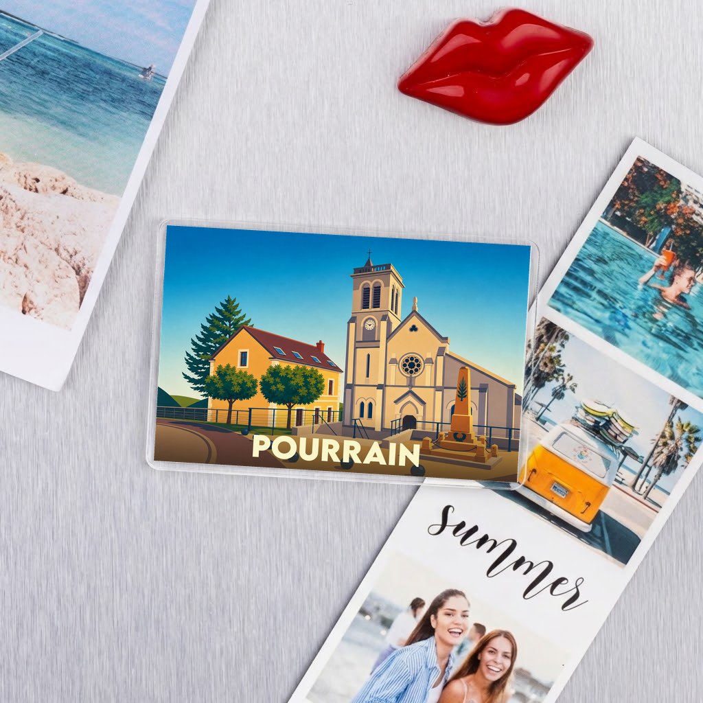 Magnet souvenir de la ville de Pourrain avec une illustration stylisée de son église.
