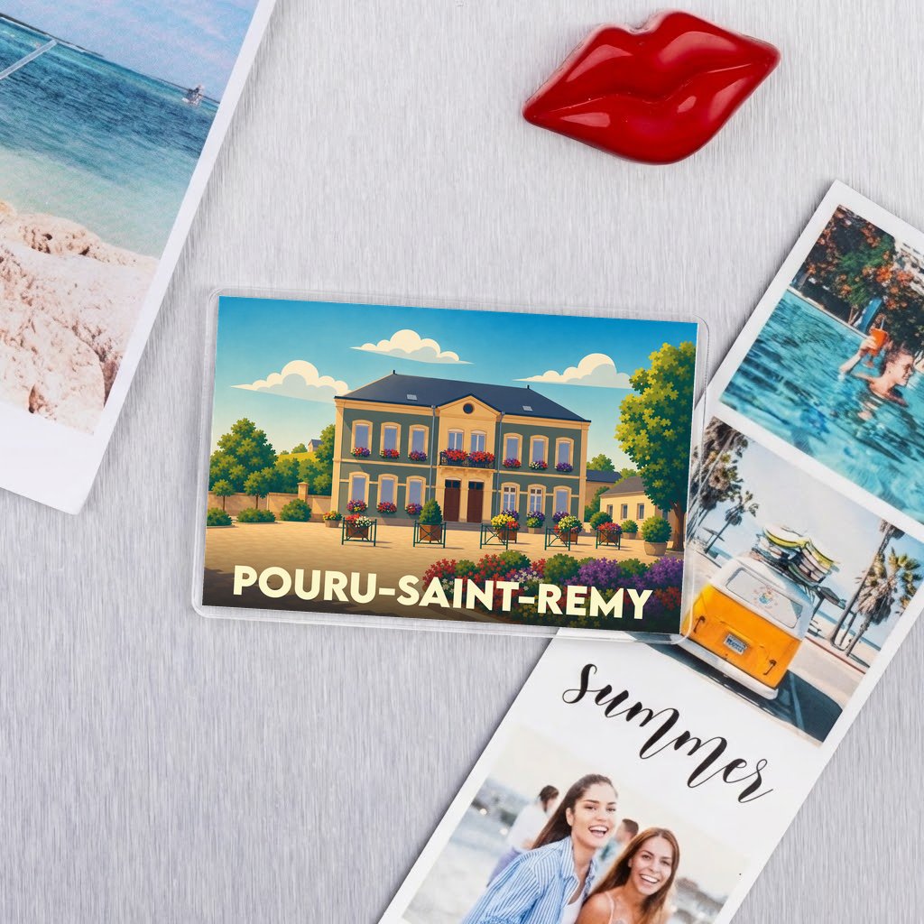 Magnet souvenir de la ville de Pouru-Saint-Remy avec une illustration stylisée.