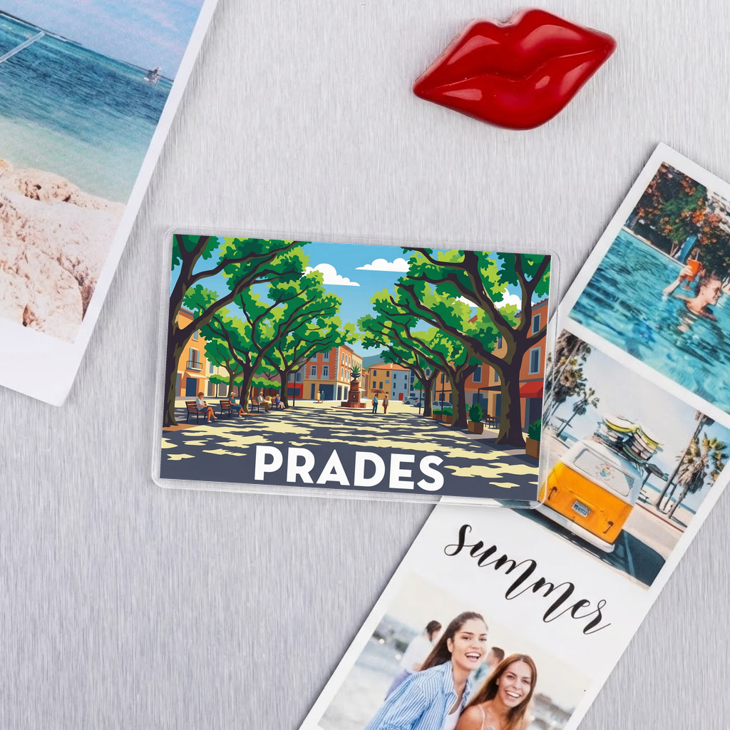 Magnet souvenir de la ville de Prades avec une illustration stylisée d'une place arborée.