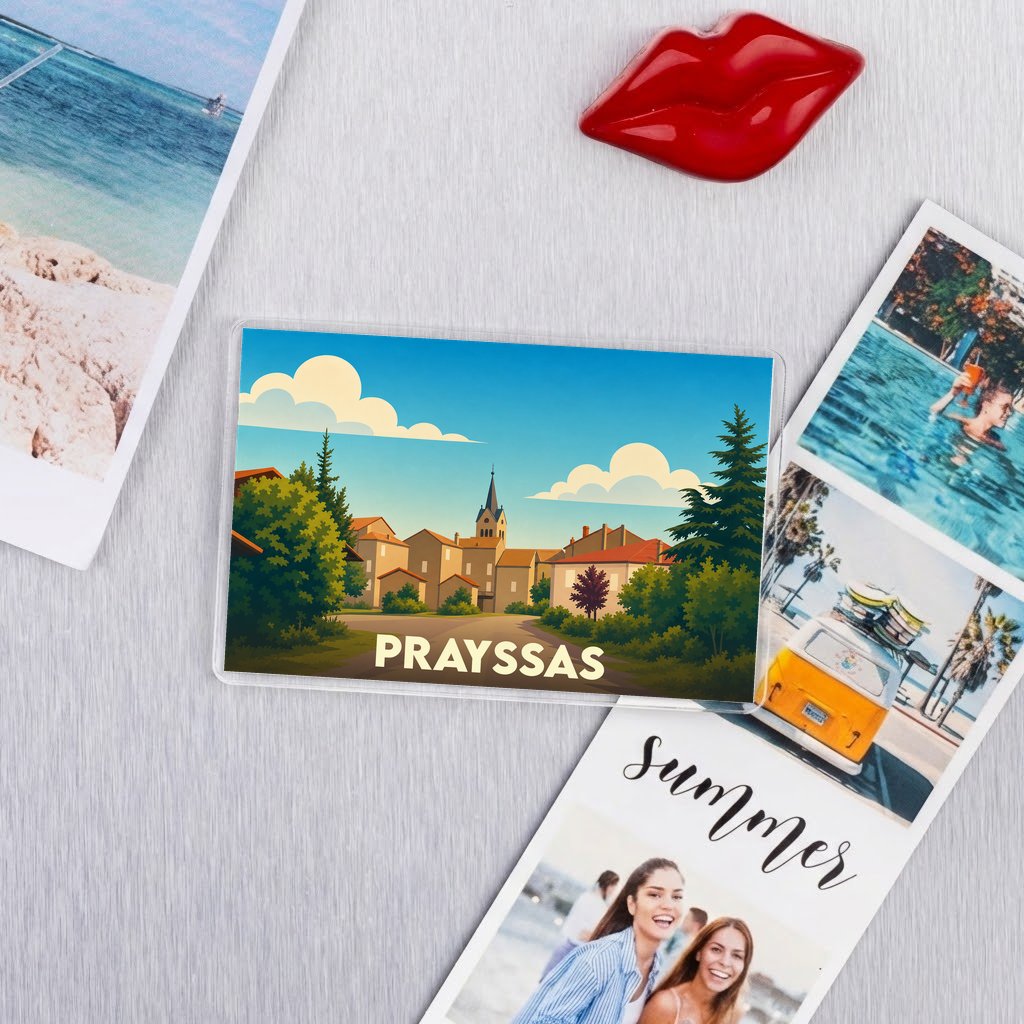 Magnet souvenir de la ville de Prayssas avec une illustration stylisée.