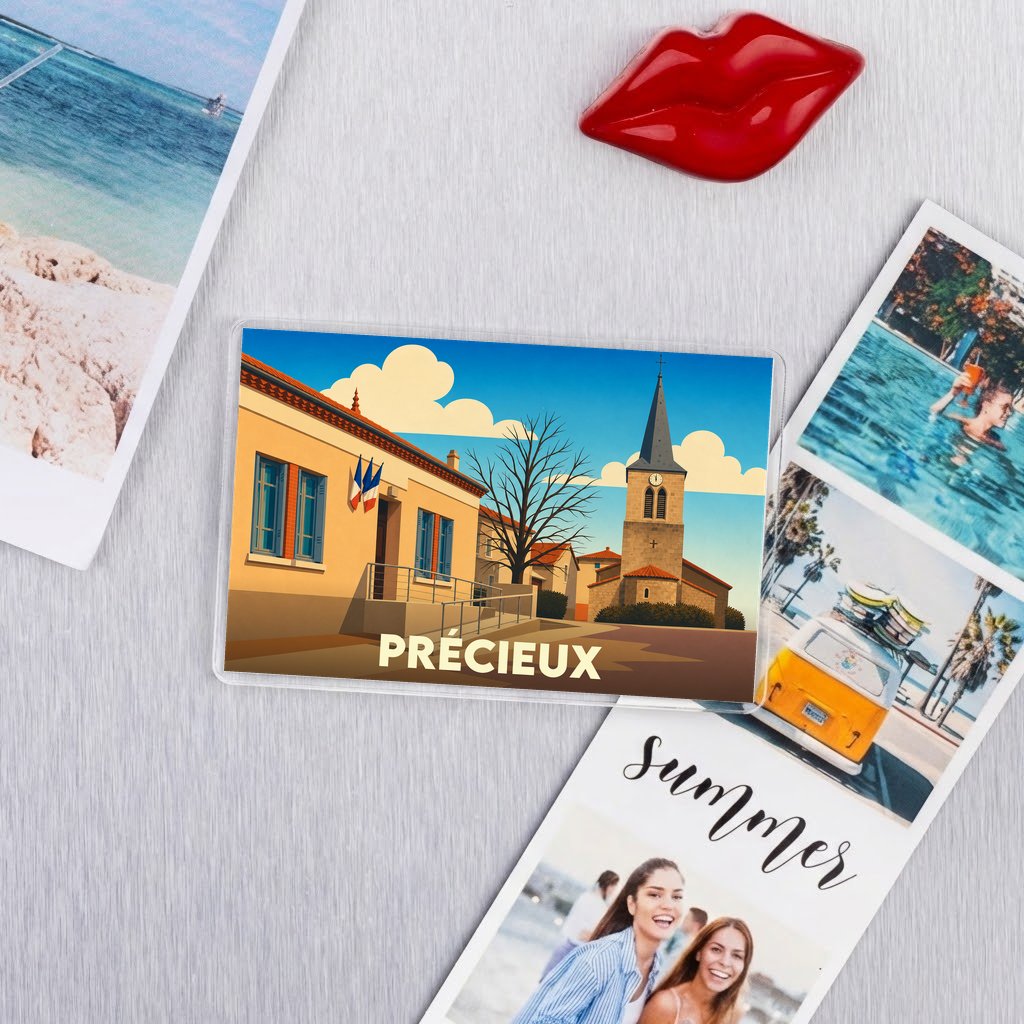 Magnet souvenir de la ville de Précieux avec une illustration stylisée.