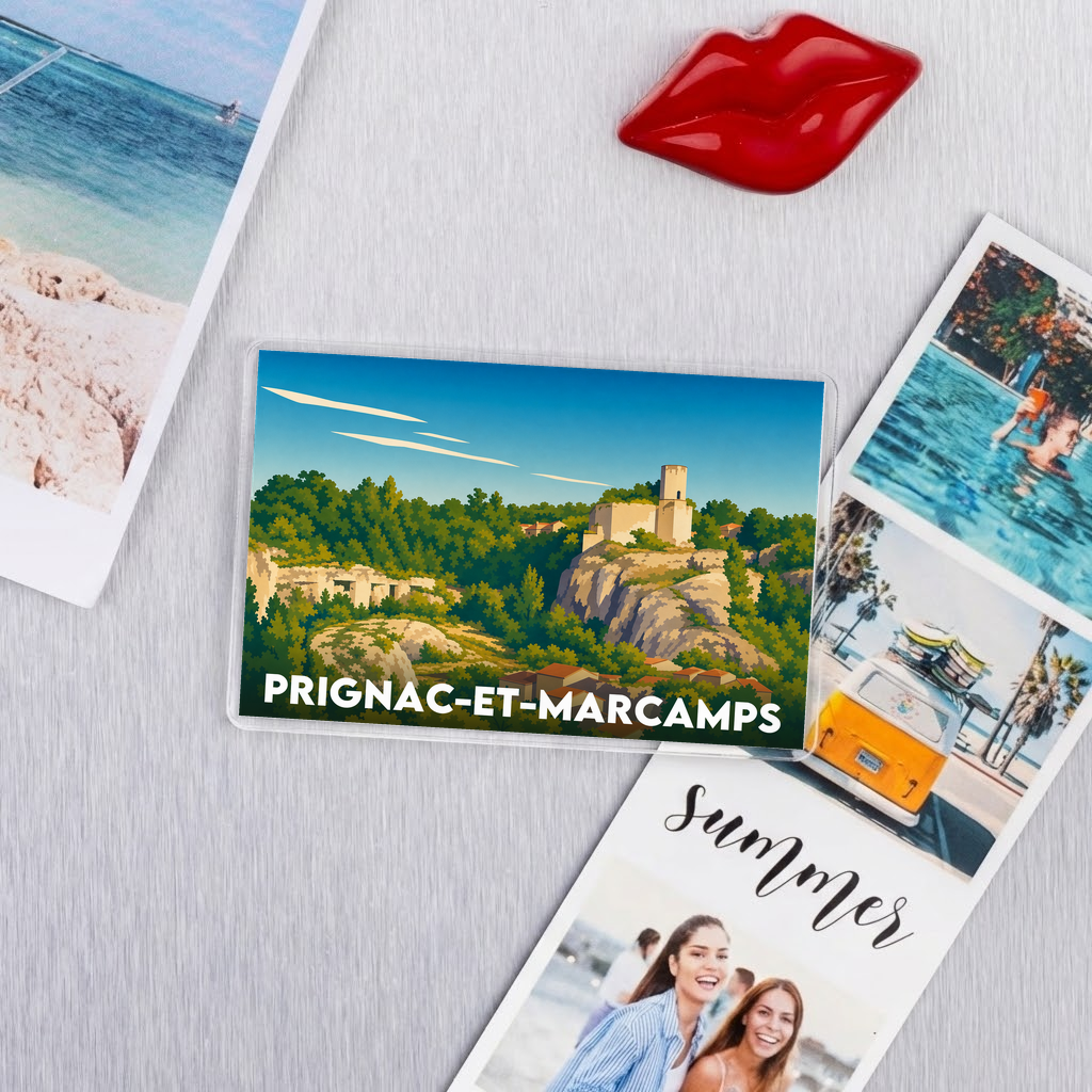 Magnet souvenir de la ville de Prignac-et-Marcamps avec une illustration stylisée.