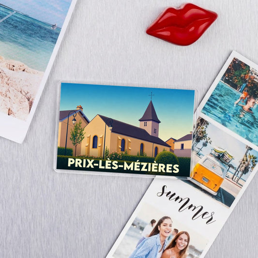Magnet souvenir de la ville de Prix-lès-Mézières avec une illustration stylisée de son église.