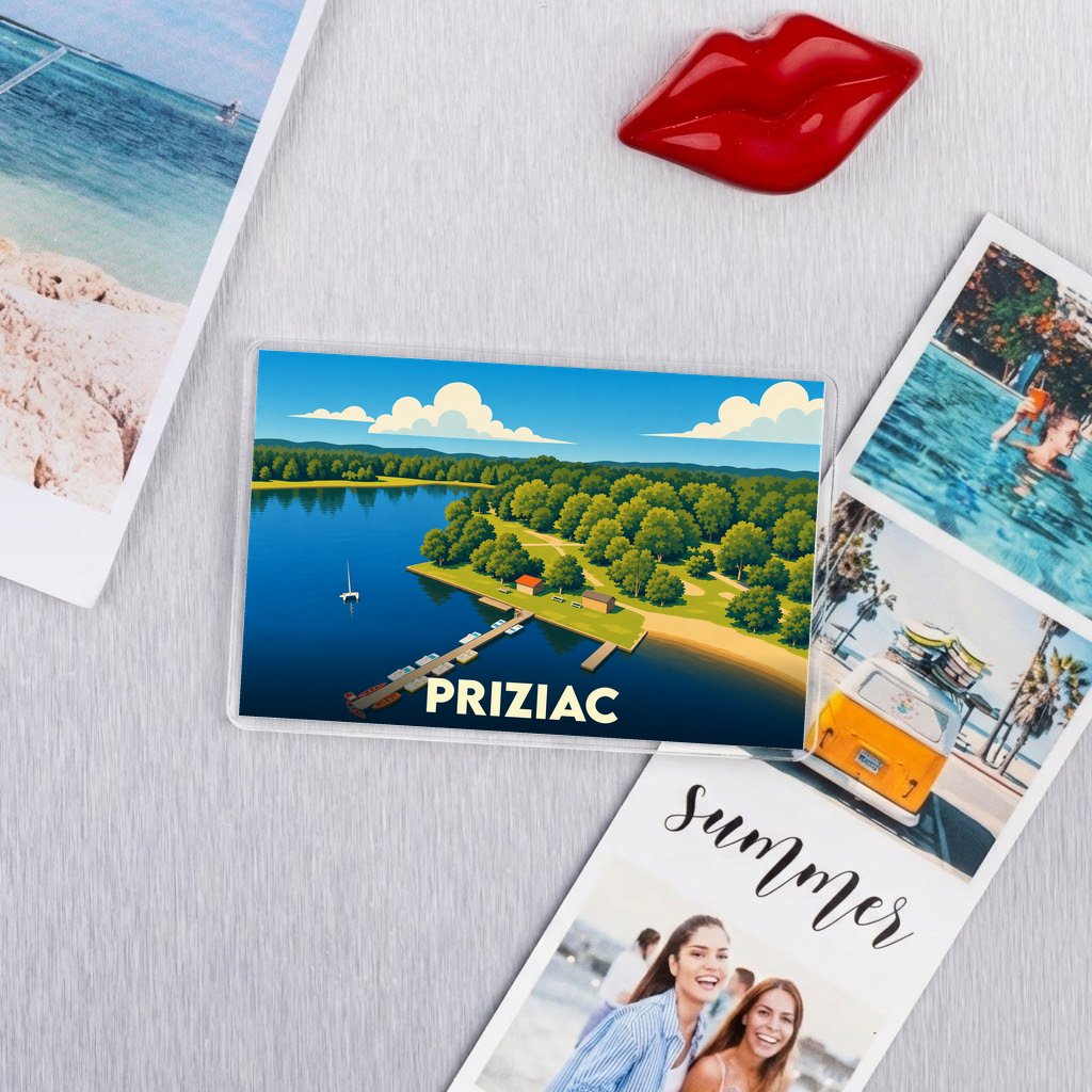 Magnet souvenir de la ville de Priziac avec une illustration stylisée de son lac et de sa base nautique.