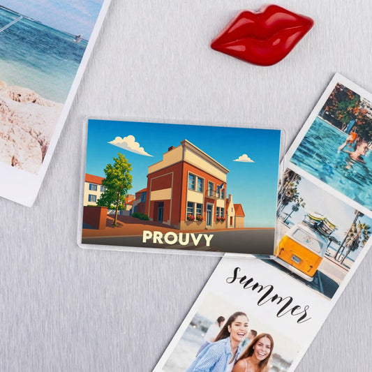 Magnet souvenir de la ville de Prouvy avec une illustration stylisée.