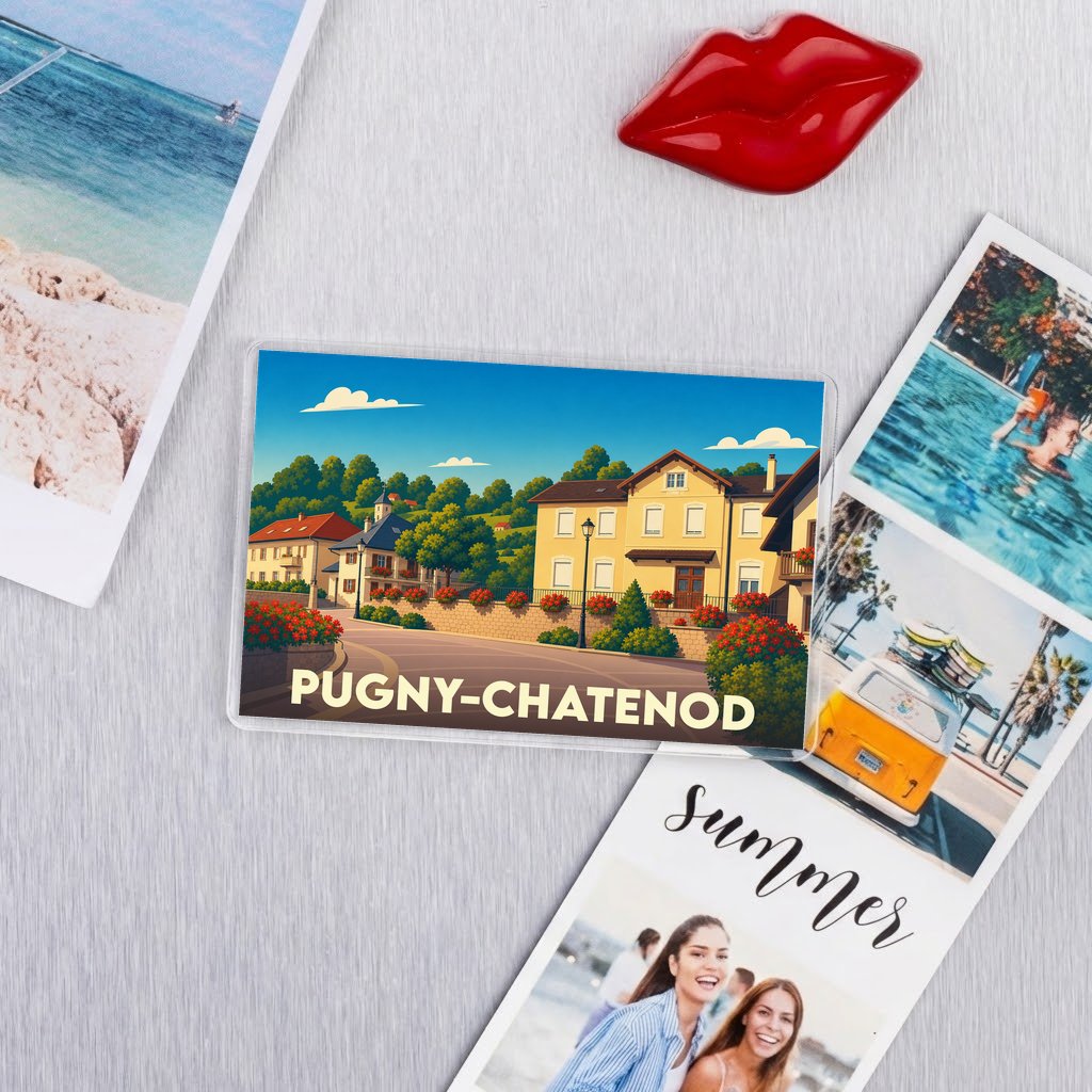 Magnet souvenir de la ville de Pugny-Chatenod avec une illustration stylisée et colorée.