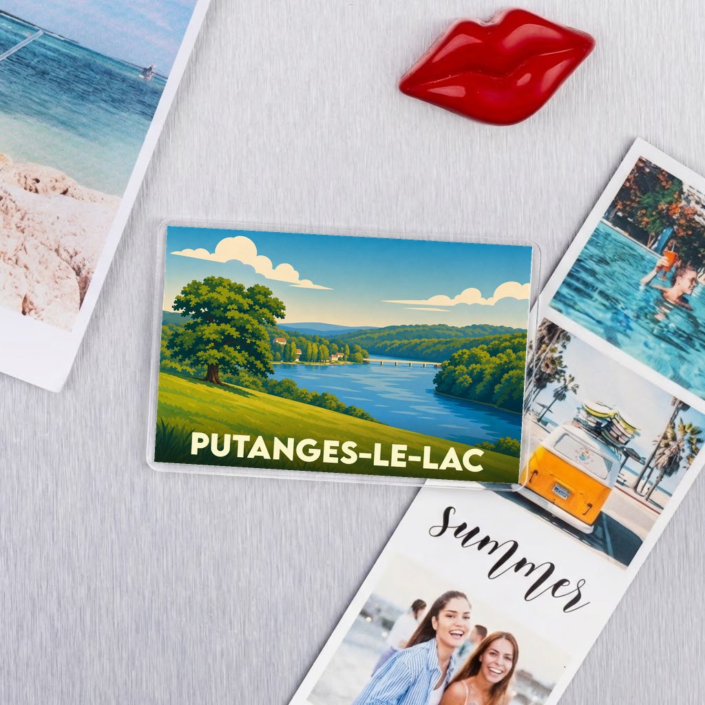 Magnet souvenir de la ville de Putanges-le-Lac avec une illustration stylisée de son paysage.