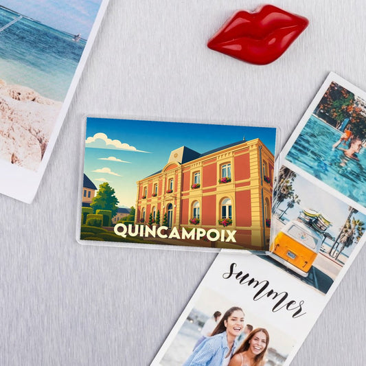 Magnet souvenir de la ville de Quincampoix avec une illustration stylisée.