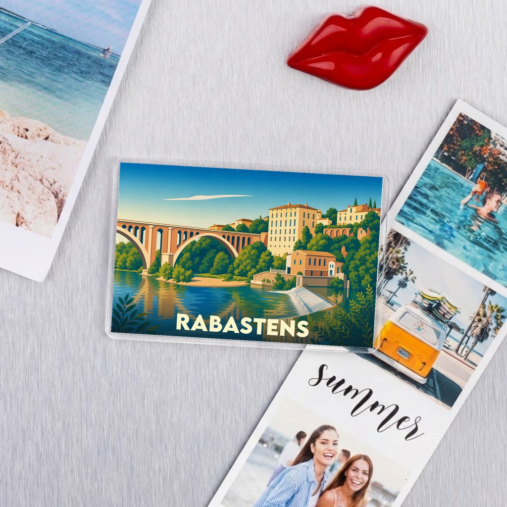 Magnet souvenir de la ville de Rabastens arborant une illustration stylisée de son pont et de ses monuments.