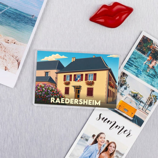 Magnet souvenir de la ville de Raedersheim avec une illustration stylisée.