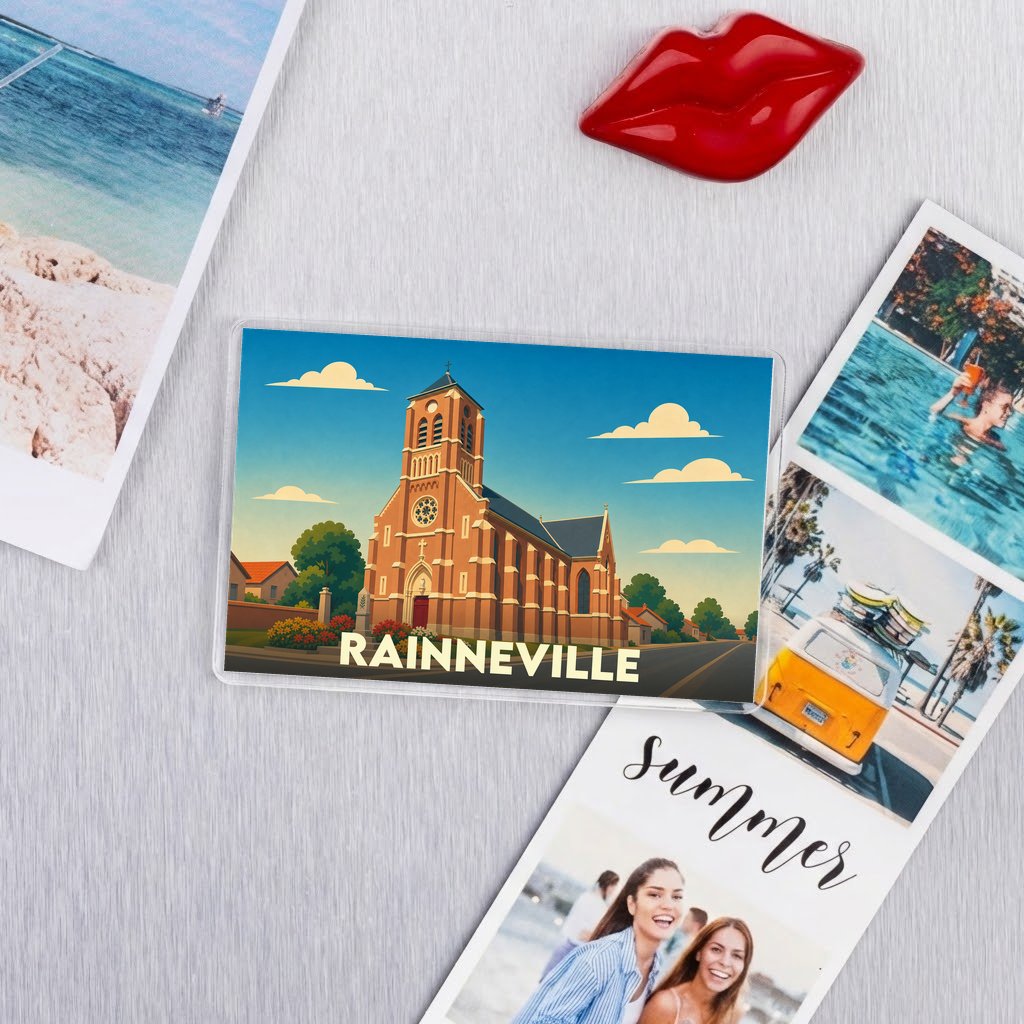 Magnet souvenir de la ville de Rainneville avec une illustration stylisée de son église.