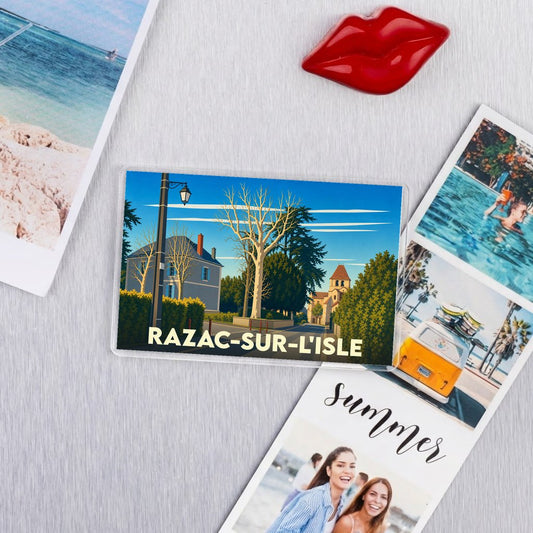 Magnet souvenir de la ville de Razac-sur-l'Isle avec une illustration stylisée.