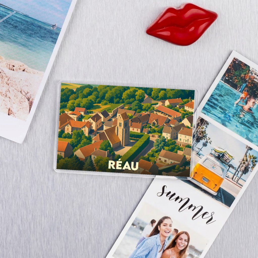 Magnet souvenir de la ville de Réau avec une illustration stylisée.