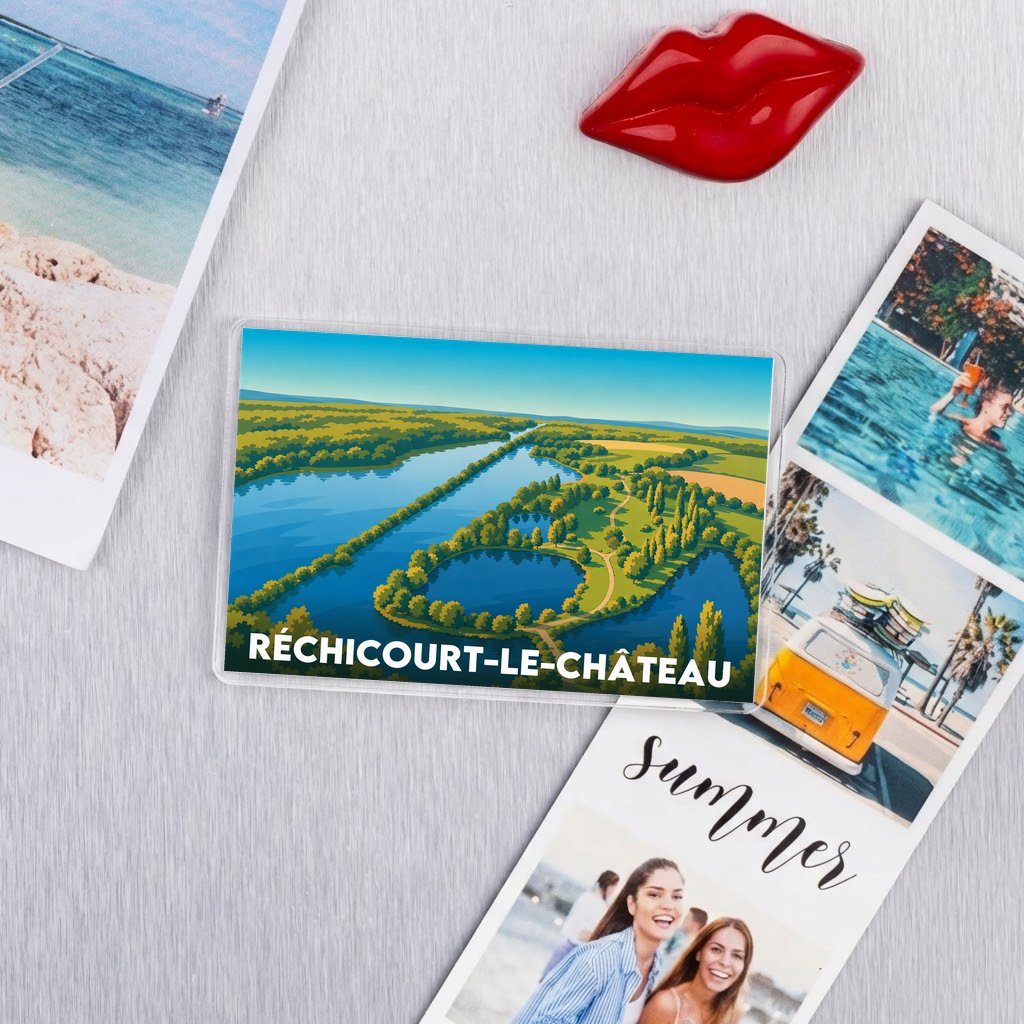 Magnet souvenir de la ville de Réchicourt-le-Château avec une illustration stylisée d'un paysage verdoyant.