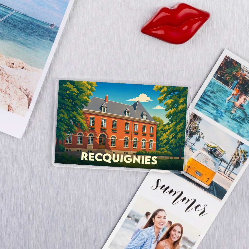 Magnet souvenir de la ville de Recquignies avec une illustration colorée de son architecture.