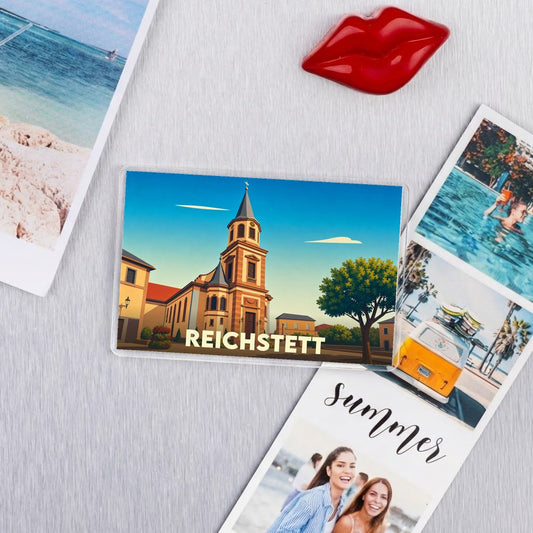 Magnet souvenir de la ville de Reichstett avec une illustration stylisée de son église.