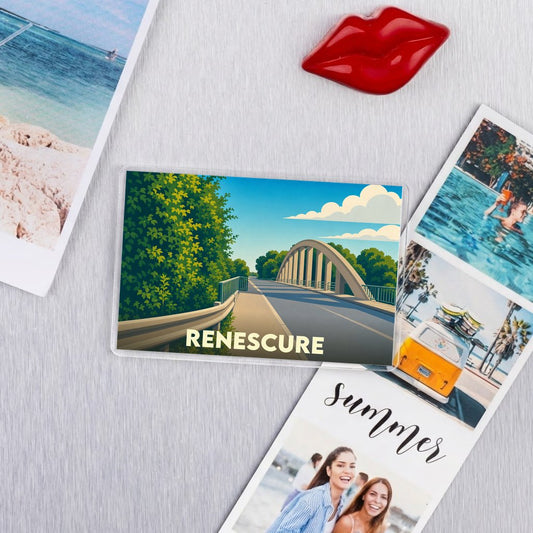 Magnet souvenir de la ville de Renescure avec une illustration stylisée d'un pont.