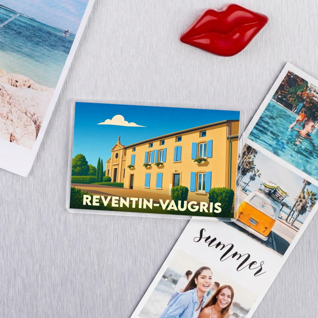 Magnet souvenir de la ville de Reventin-Vaugris avec une illustration colorée et stylisée.