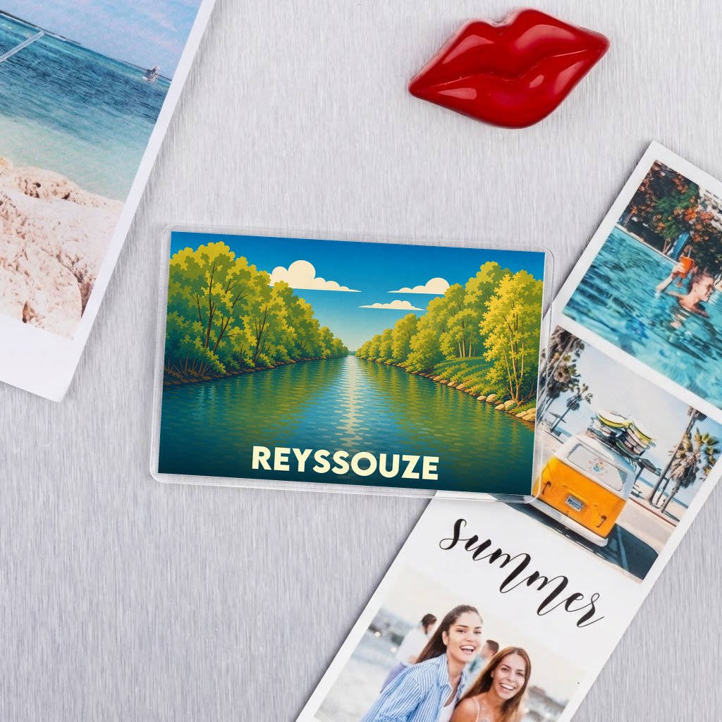 Magnet rectangulaire souvenir de la ville de Reyssouze avec une illustration stylisée d'une rivière bordée d'arbres.