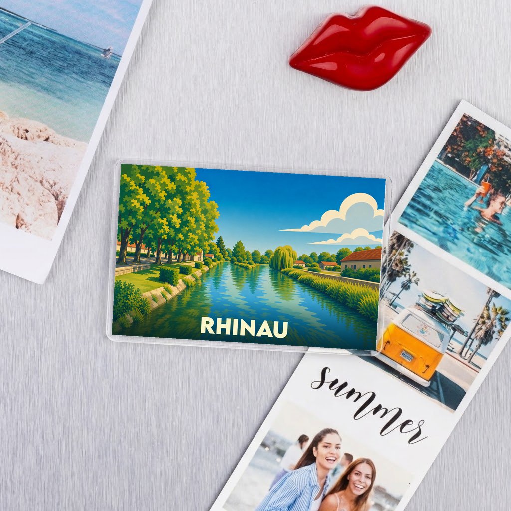 Magnet souvenir de la ville de Rhinau avec une illustration stylisée d'un canal arboré.