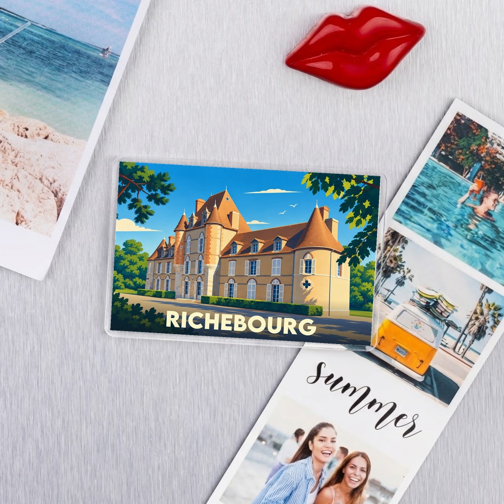 Magnet souvenir de la ville de Richebourg avec une illustration stylisée de son château.