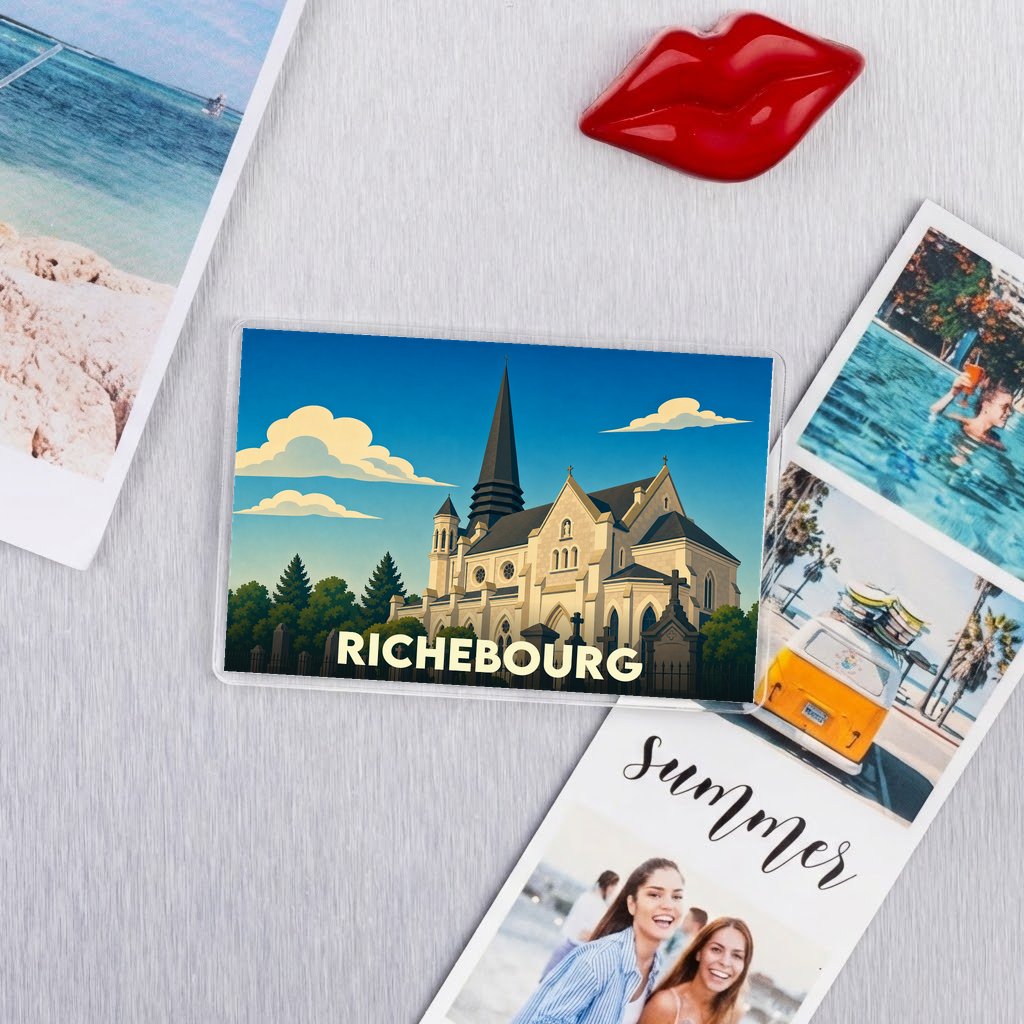 Magnet souvenir de la ville de Richebourg avec une illustration stylisée de son église.