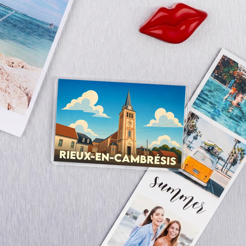 Magnet souvenir de la ville de Rieux-en-Cambrésis avec une illustration stylisée de son église.