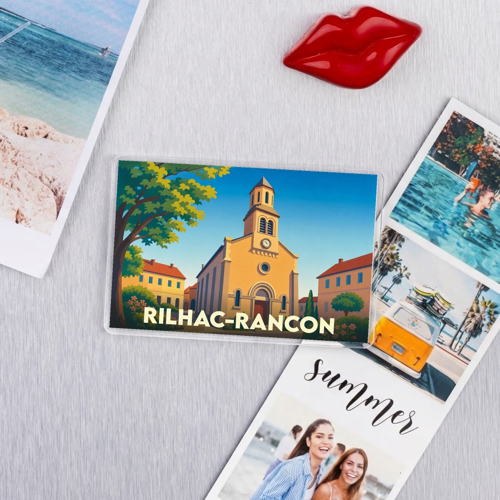 Magnet souvenir de la ville de Rilhac-Rancon avec une illustration stylisée.